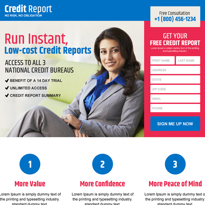 low cost credit report services responsive landing page Credit Report example