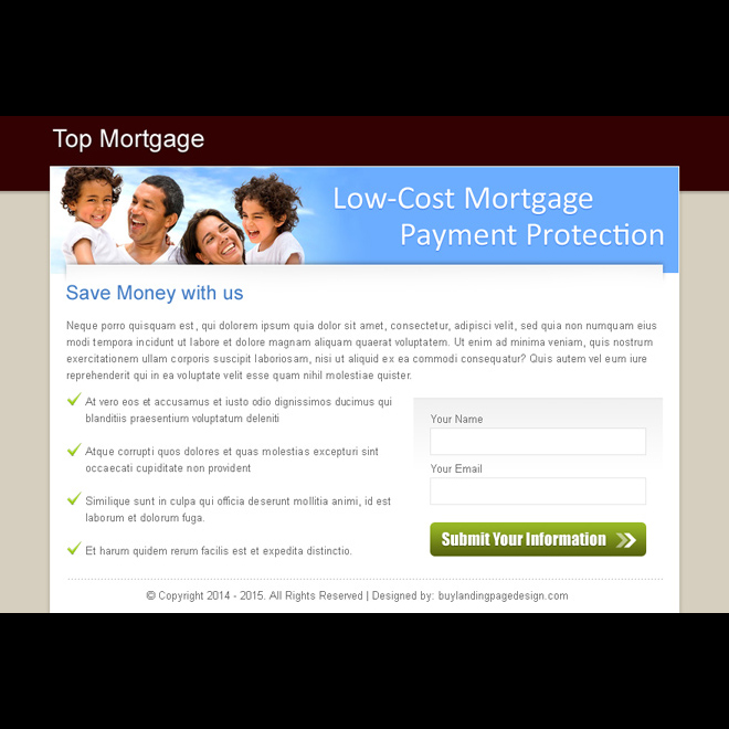 low cost mortgage payment protection call to action clean ppv landing page design