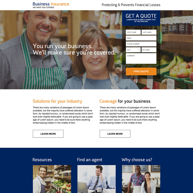 responsive business insurance premium landing page design