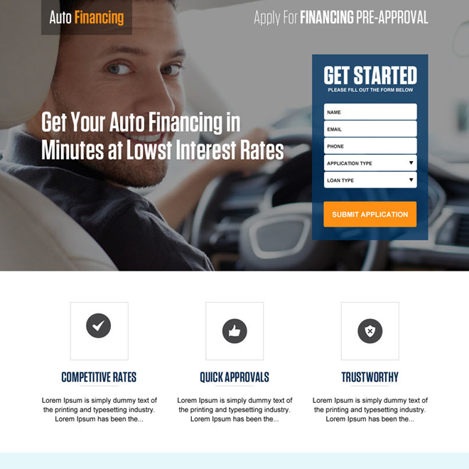 low interest rate auto financing responsive lead capture landing page Auto Financing example