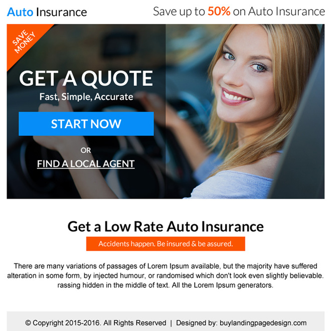 low rate auto insurance free quote call to action PPV landing page design Auto Insurance example