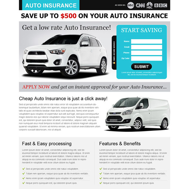 low rate auto insurance clean and minimal squeeze page design Auto Insurance example