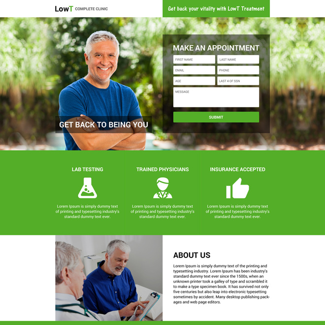 responsive low testosterone online appointment booking landing page Low Testosterone example