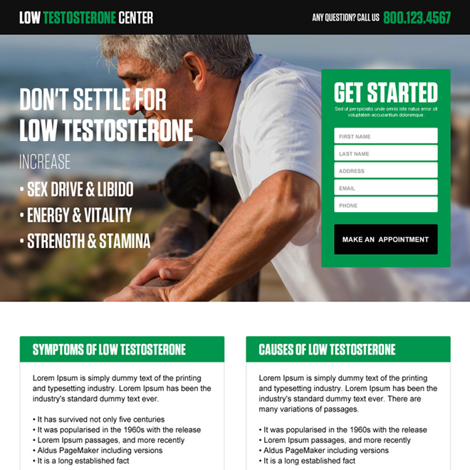 low testosterone natural treatment responsive landing page design