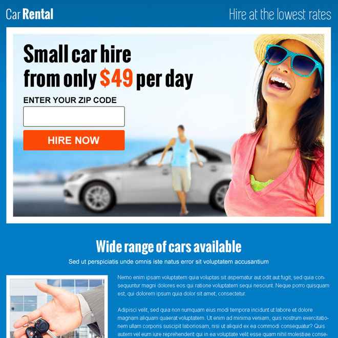 car rental zip capture responsive landing page design