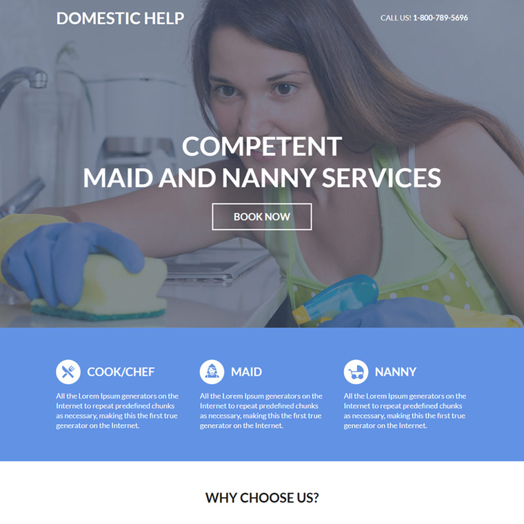 maid and nanny services lead capture landing page Domestic Help example