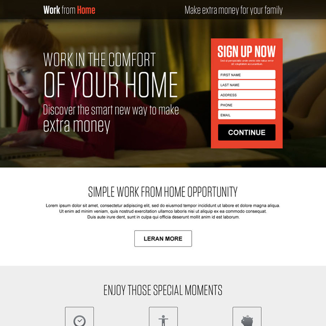 modern work from home opportunity landing page design