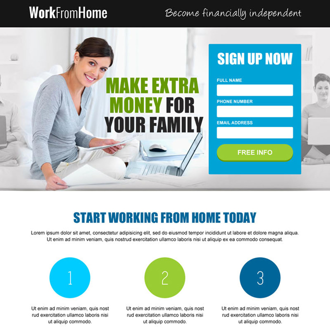 earn extra money from home responsive landing page design Work from Home example