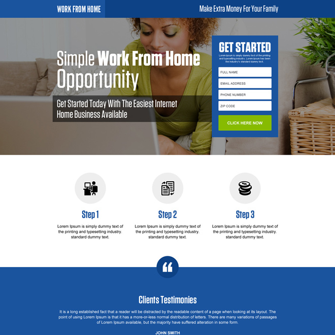 work from home opportunity small lead form responsive landing page design Work from Home example