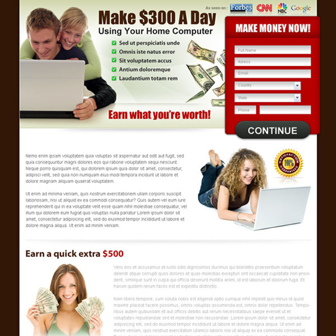 make money from home converting landing page design Make Money Online example