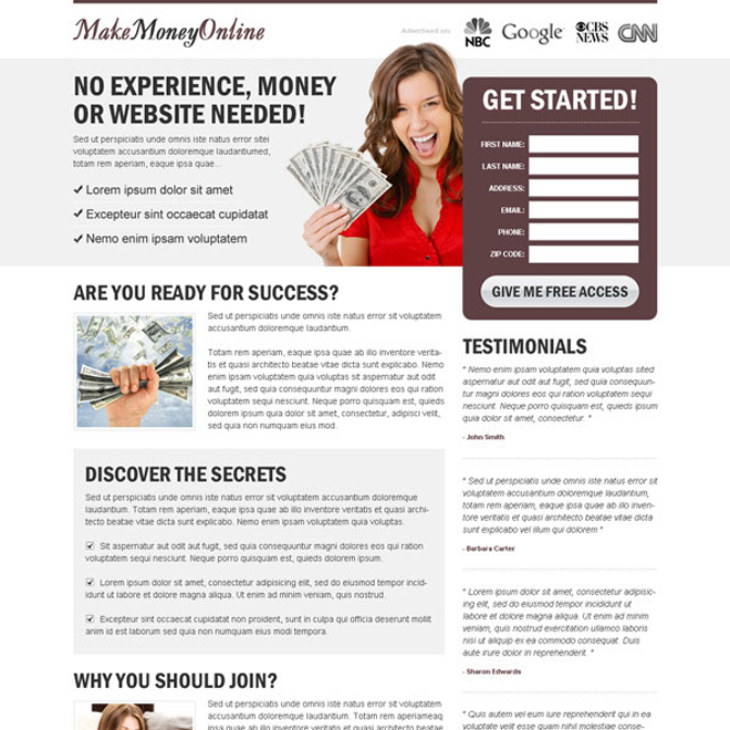 make money online free access lead generating landing page design