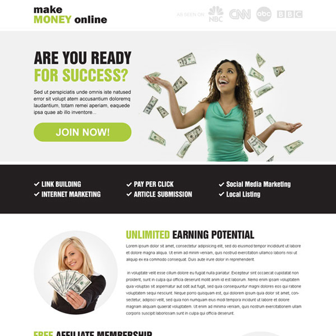 Make money online clean responsive landing page design