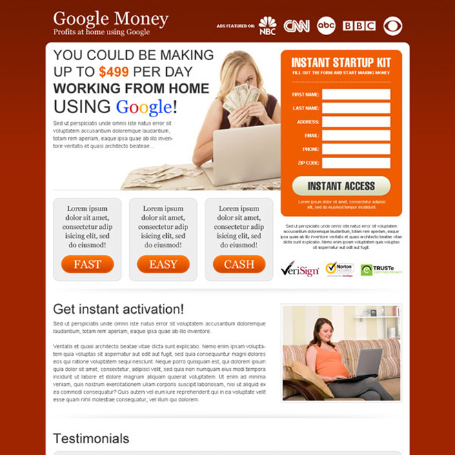 work form home using google start up kit lead gen landing page design Google Money example