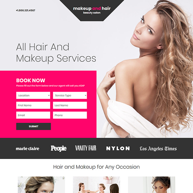 makeup and hair styling service responsive landing page Hair Care example