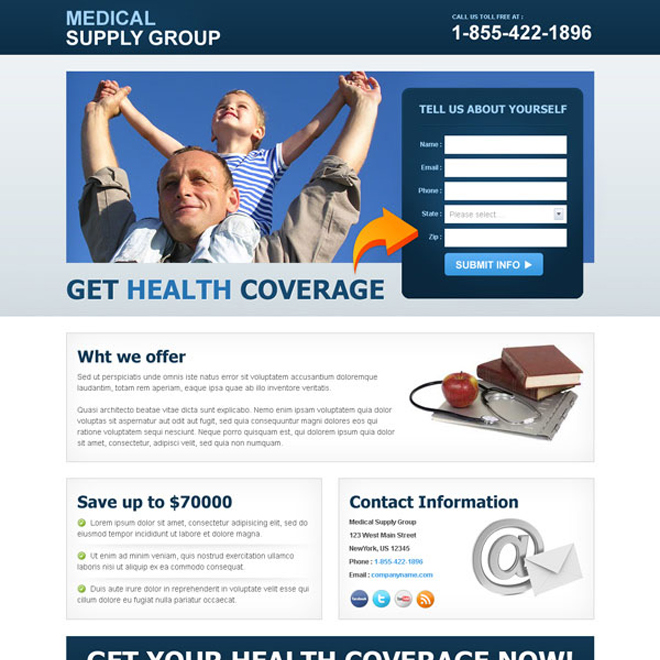 health coverage lead capture clean landing page Medical example