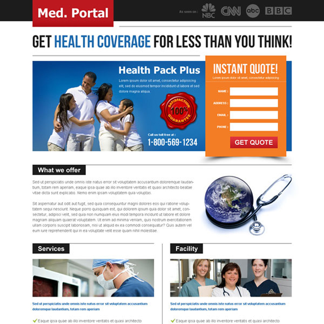 get health coverage instant quote creative and attractive landing page design to capture leads