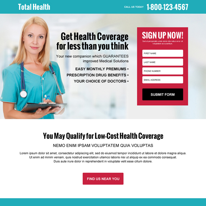 free medical health coverage quote high converting responsive landing page design