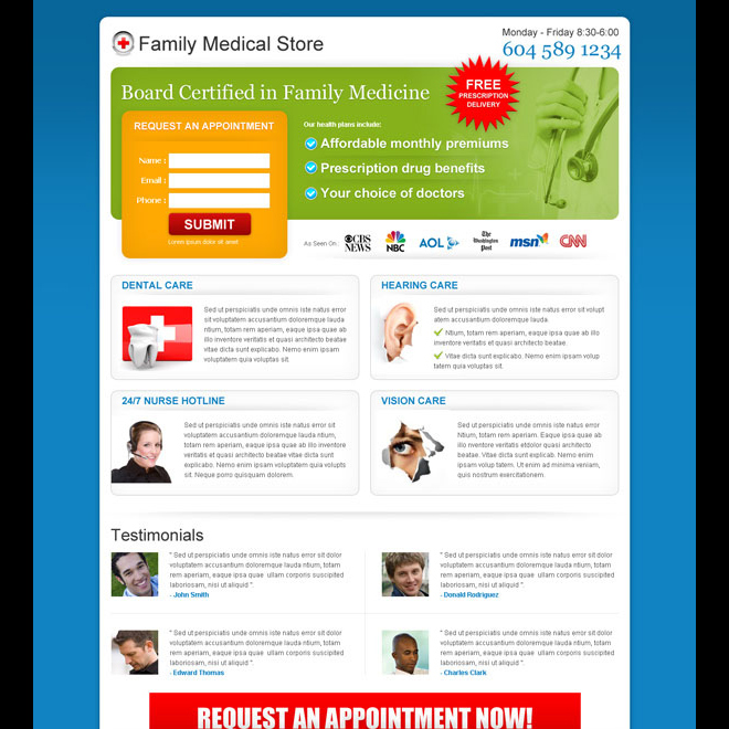 family medical store lead capture squeeze page design