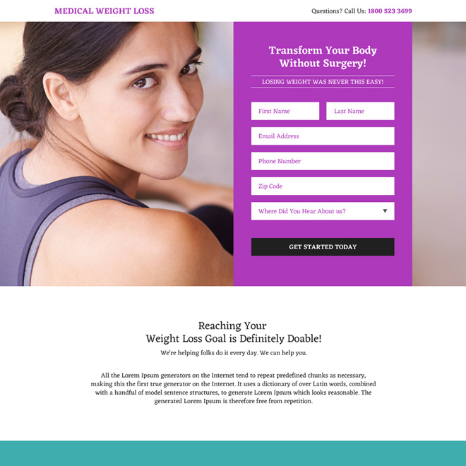 medical weight loss lead generating mini landing page Weight Loss example