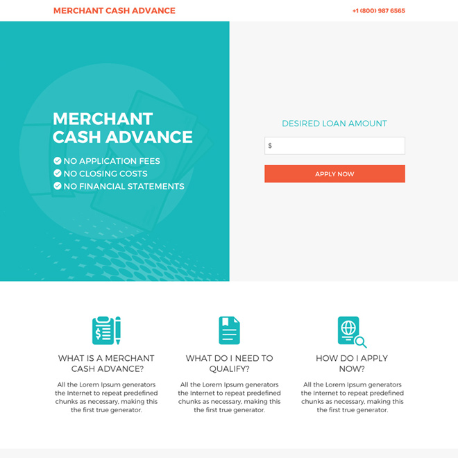 merchant cash advance call to action mini responsive landing page Business Loan example