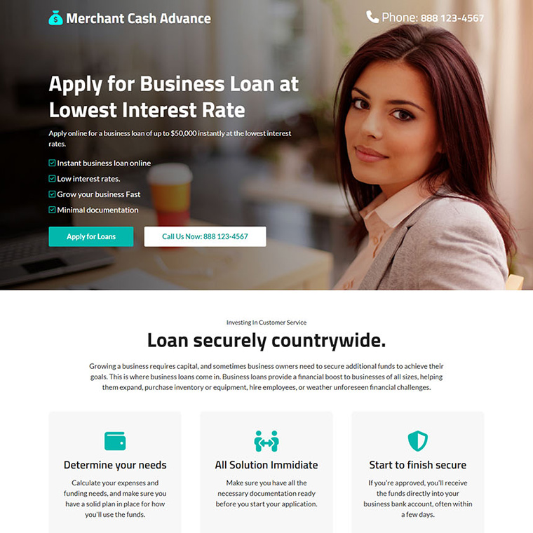 merchant cash advance lead capture responsive landing page Business Loan example