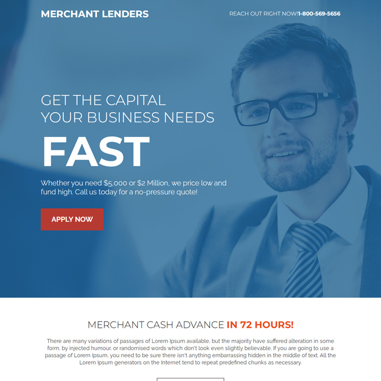 merchant lenders responsive landing page Business Loan example