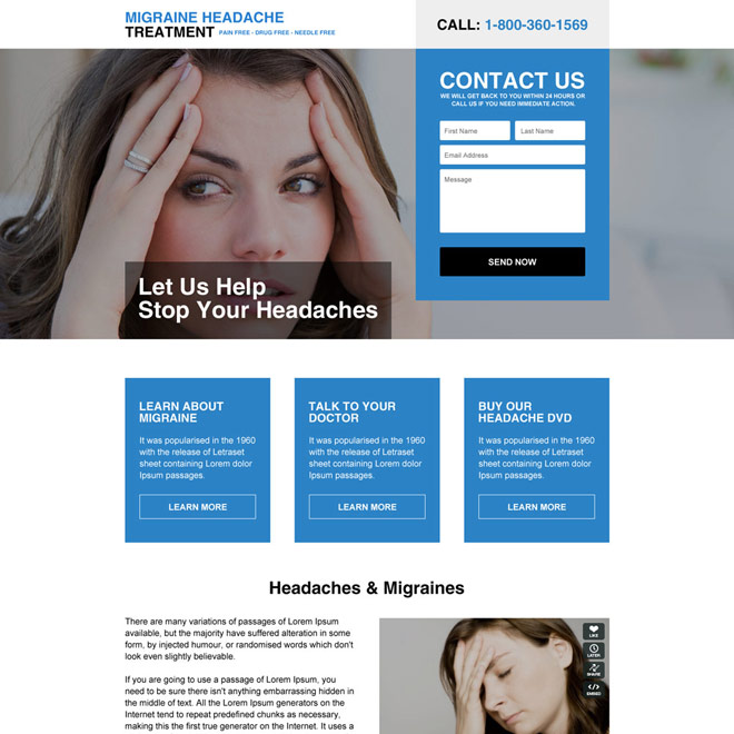 migraine headaches treatment landing page design