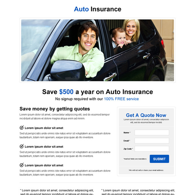 minimal and simple auto insurance lead capture landing page design Auto Insurance example