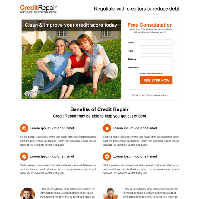 minimal looking credit repair high converting squeeze page design Credit Repair example