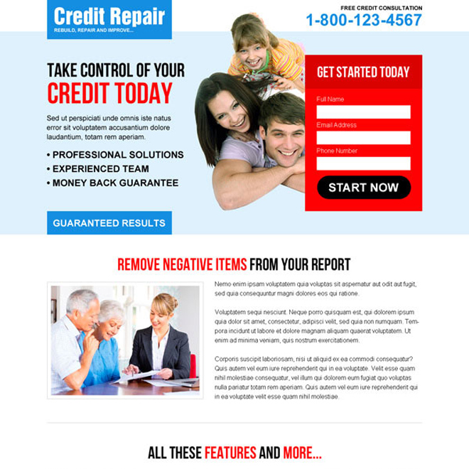 take control of your credit today small lead capture converting landing page design Credit Repair example