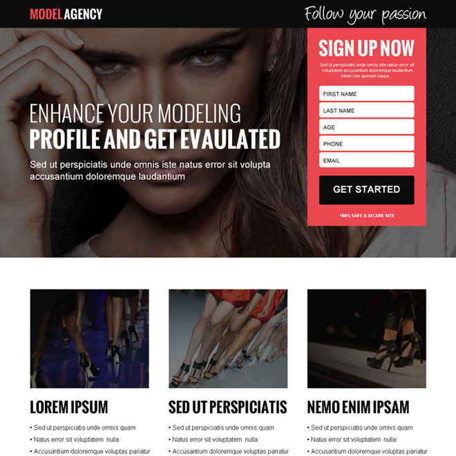 modelling agency sign up lead gen landing page design template Fashion and Modeling example