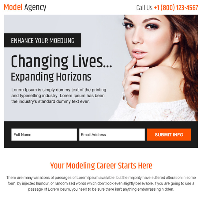 modelling agency sign up generating ppv landing page Fashion and Modeling example