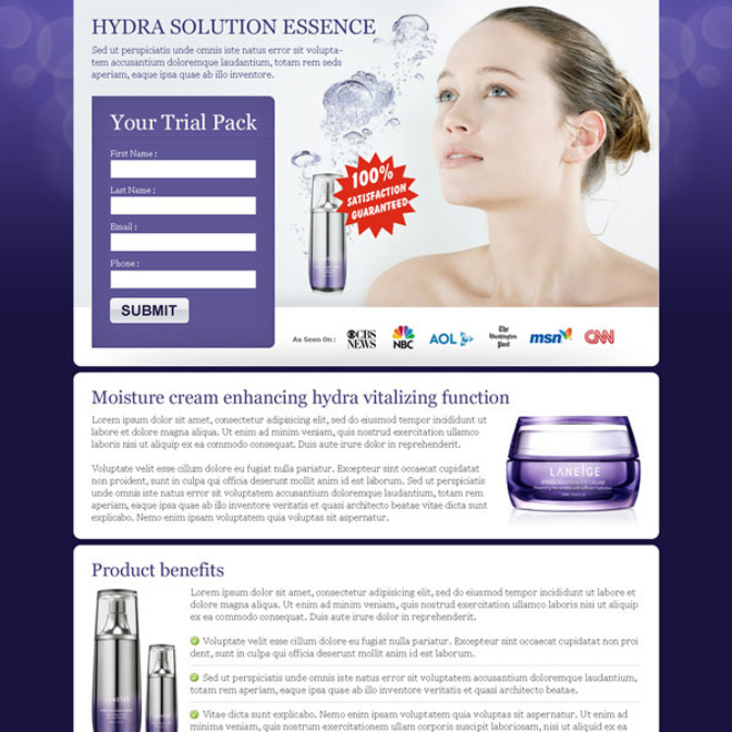 beauty product cream lead capture landing page design