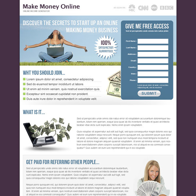 simple make money online start up lead capture design Make Money Online example