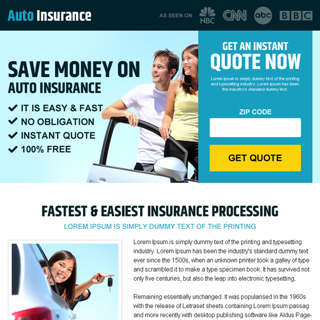 money saving auto insurance pay per view landing page design Auto Insurance example