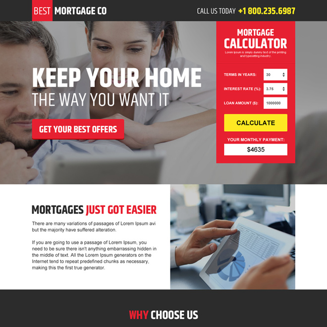 modern mortgage landing page design with mortgage calculator mortgage example