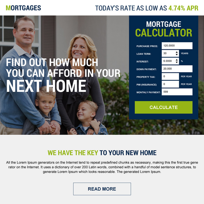 mortgage financing calculator responsive lead generating landing page