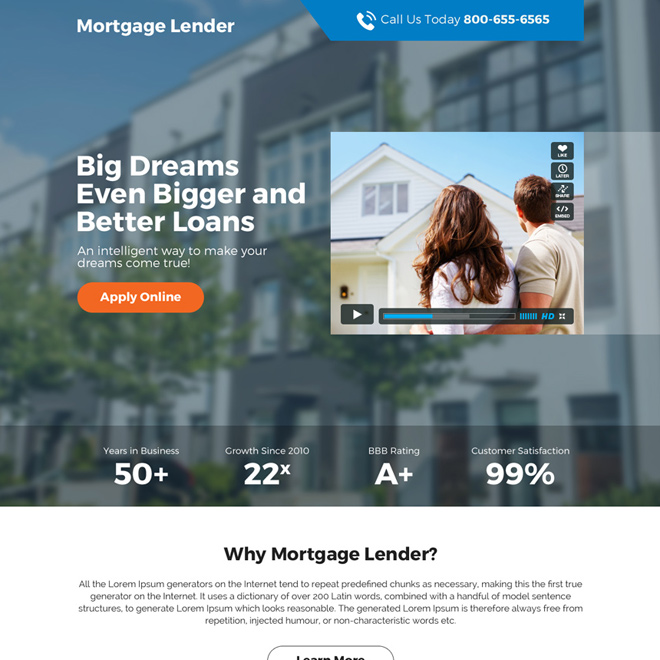 mortgage loan responsive video landing page design