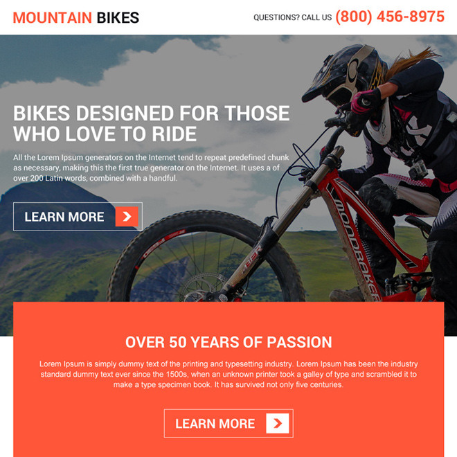 responsive mountain bikes lead boosting landing page design Sports example