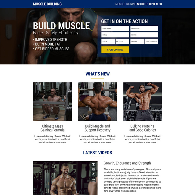 muscle building secrets sign up lead capturing responsive landing page design