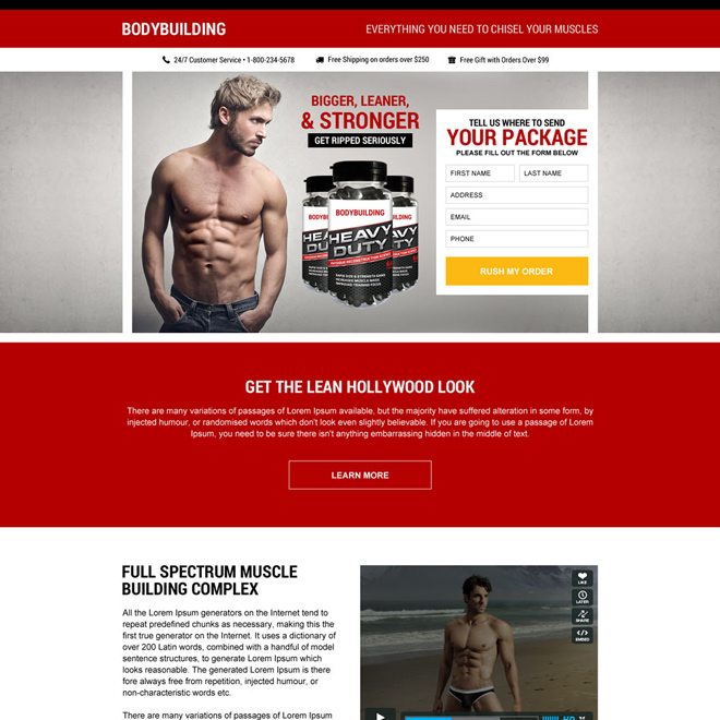 responsive muscle building supplement selling landing page