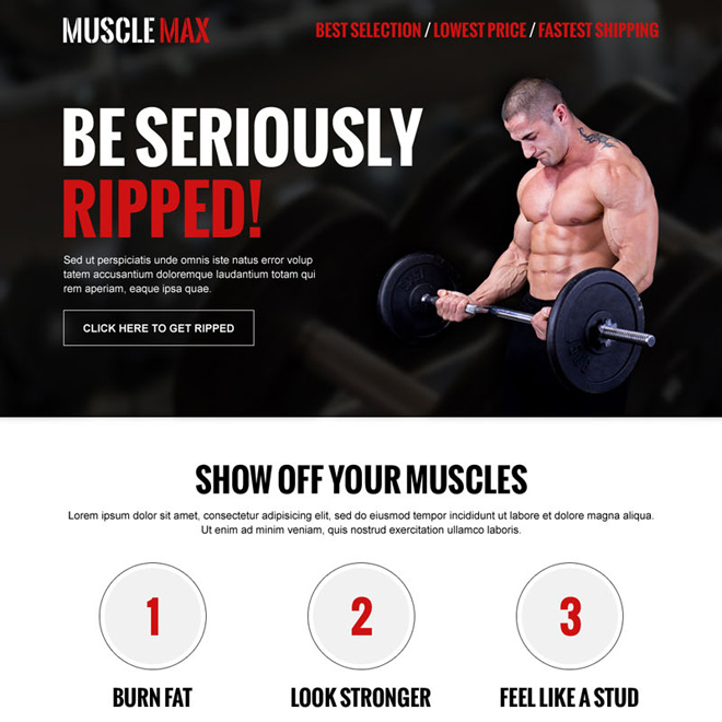 get seriously ripped clean and converting body building call to action responsive landing page design