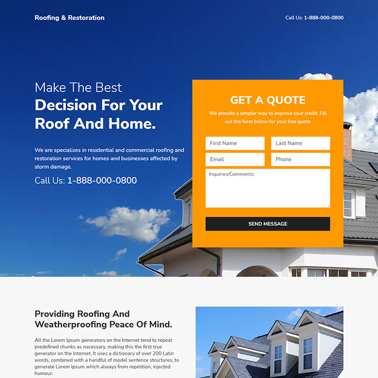 roofing and restoration service responsive landing page Roofing example