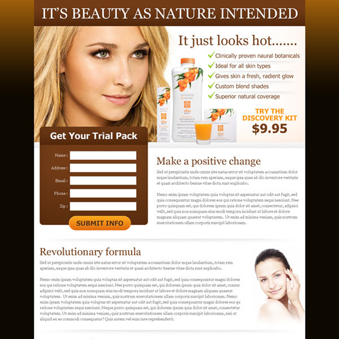 natural beauty product lead capture page design