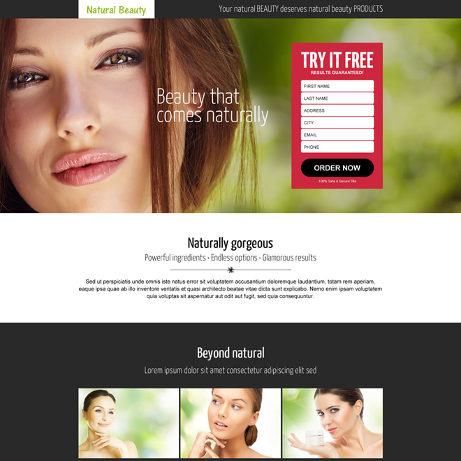 natural beauty product lead generating landing page design template Beauty Product example