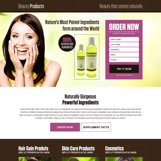 natural beauty product selling lead generating landing page Beauty Product example