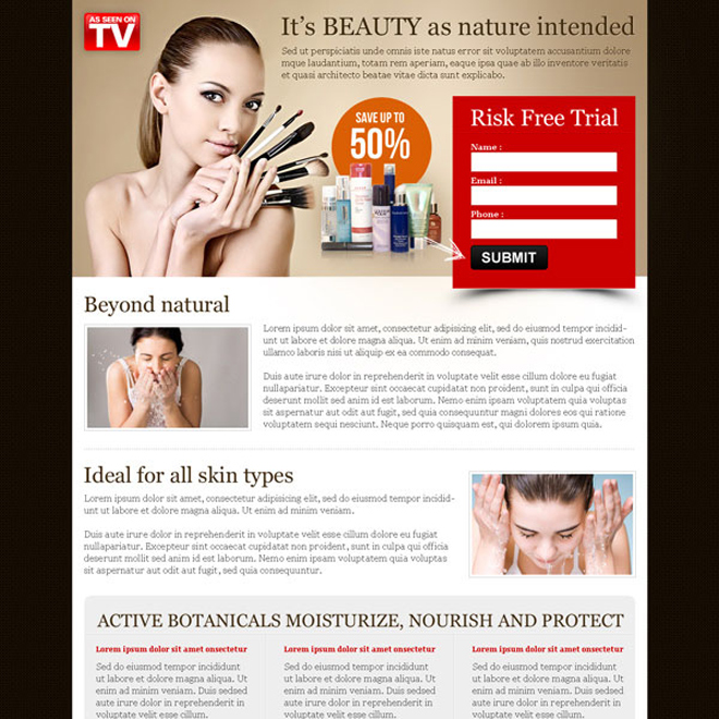 beauty product risk free trial effective and converting red small lead capture landing page Beauty Product example