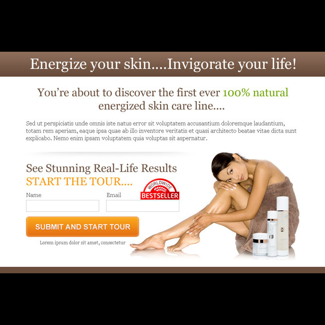 energize your skin lead capture ppv landing page design Skin Care example