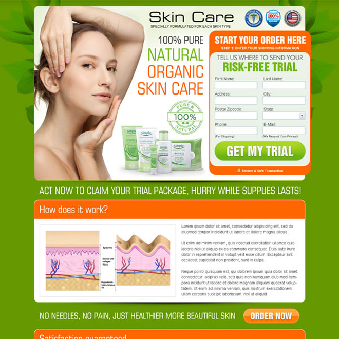 natural organic skin care product effective lead capture landing page design Skin Care example