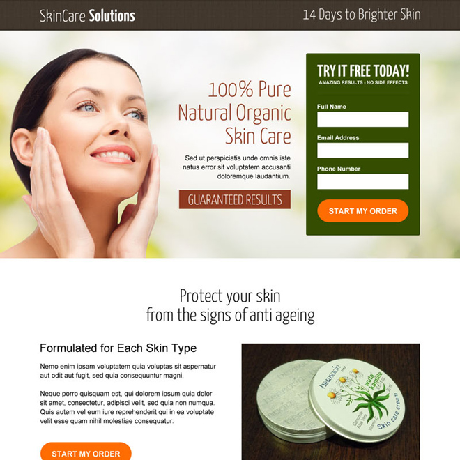 natural organic skin care leads responsive landing page design Skin Care example